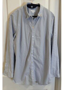 J Jill Blue White Striped Button Down Shirt Large Stretch Cotton Blend